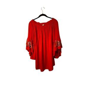Feathers women’s red floral tiered, 3/4 sleeve embroidered tunic S/M